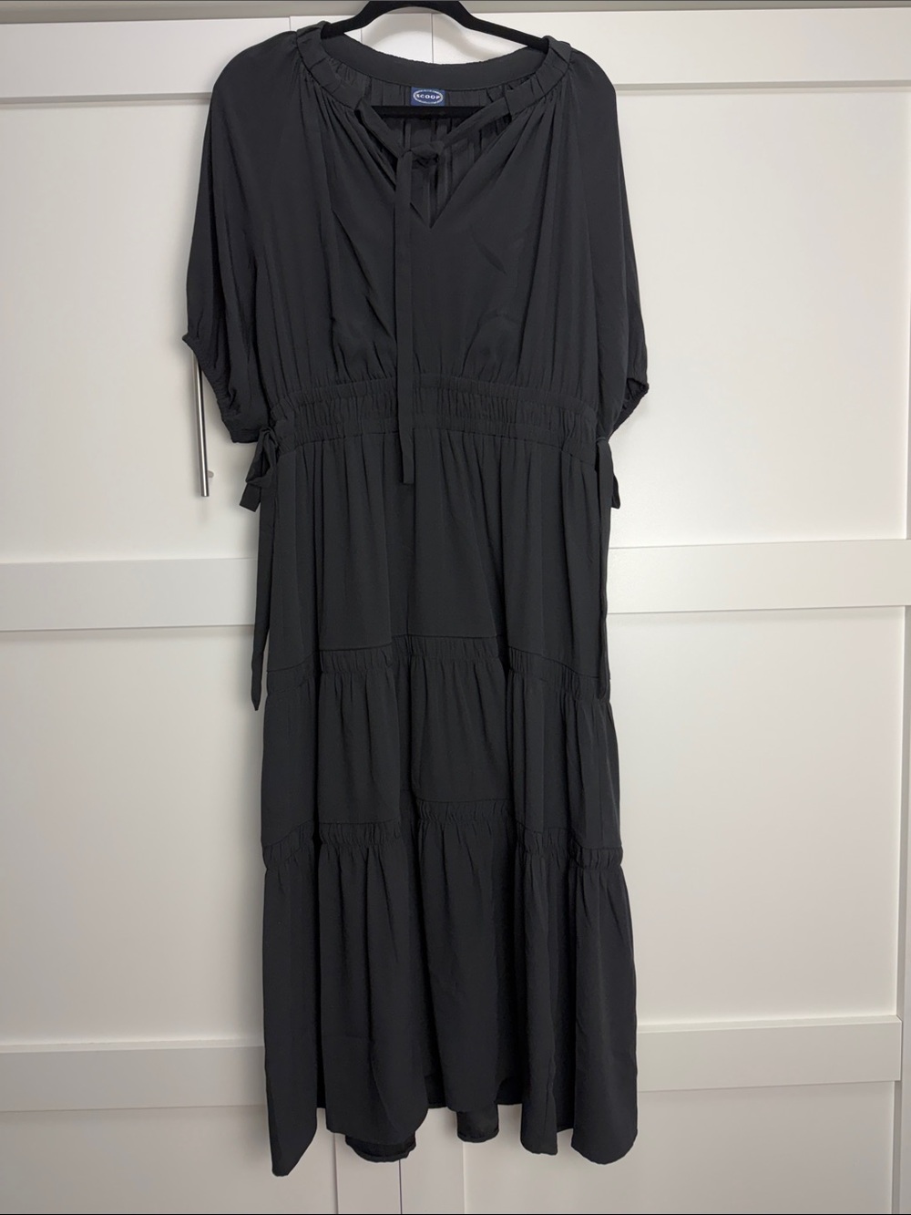 Black Tiered Midi Dress with Tie Neck
